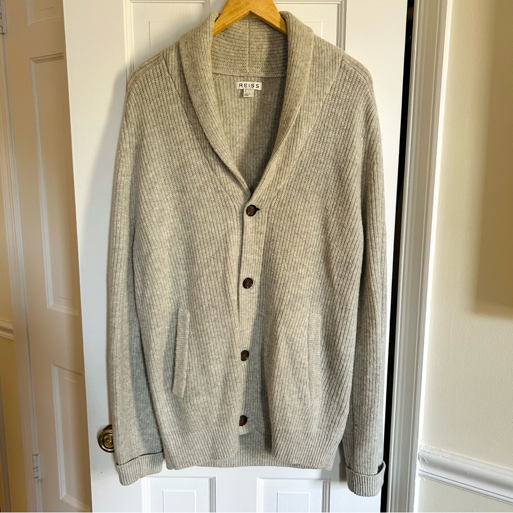 Reiss Men's Gray Shawl Collar Cardigan Size Large Pockets Wool Kendall